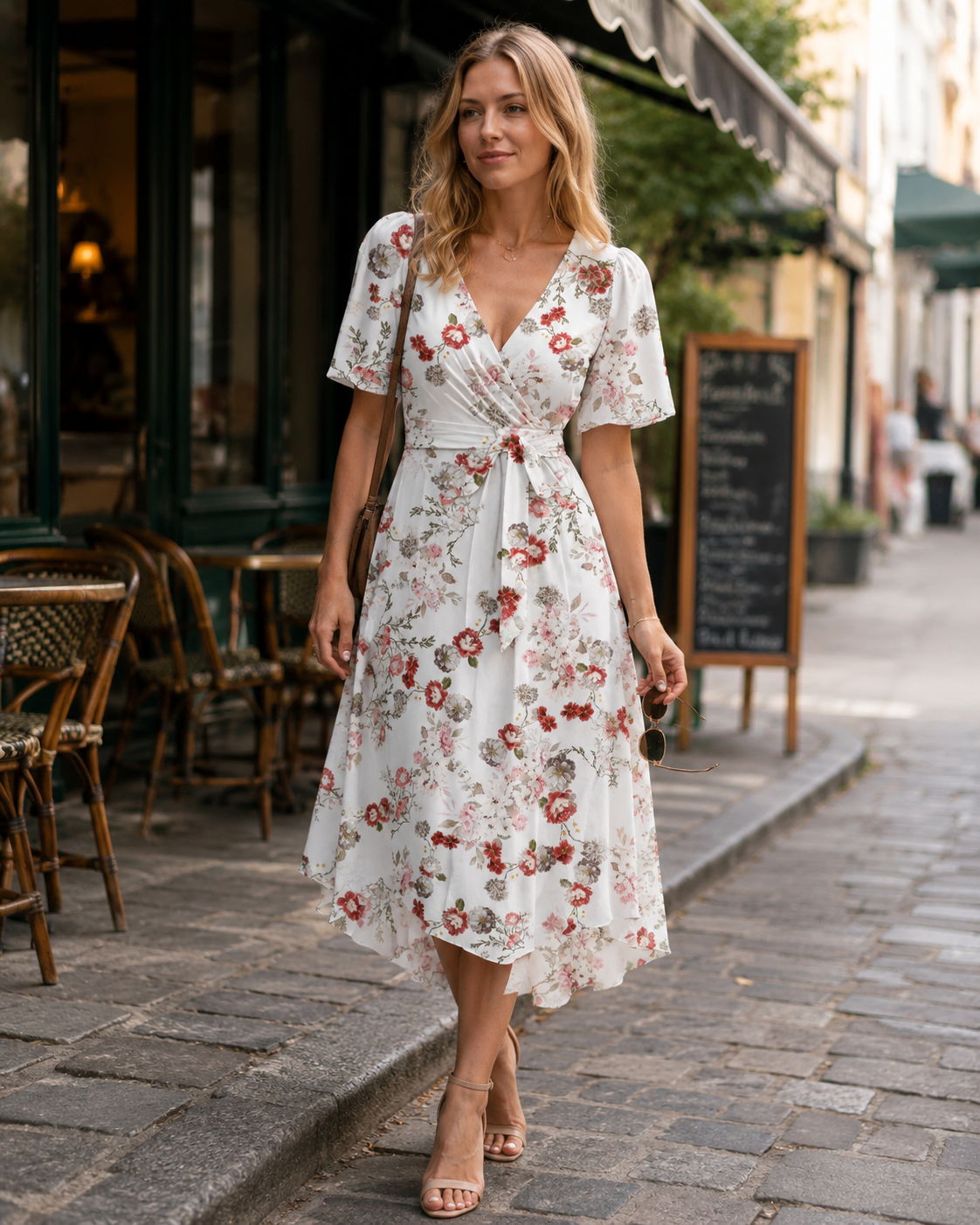 Florence Women's Floral Midi Dress – Wrap V-Neck Belted Puff Sleeve Elegant Dress