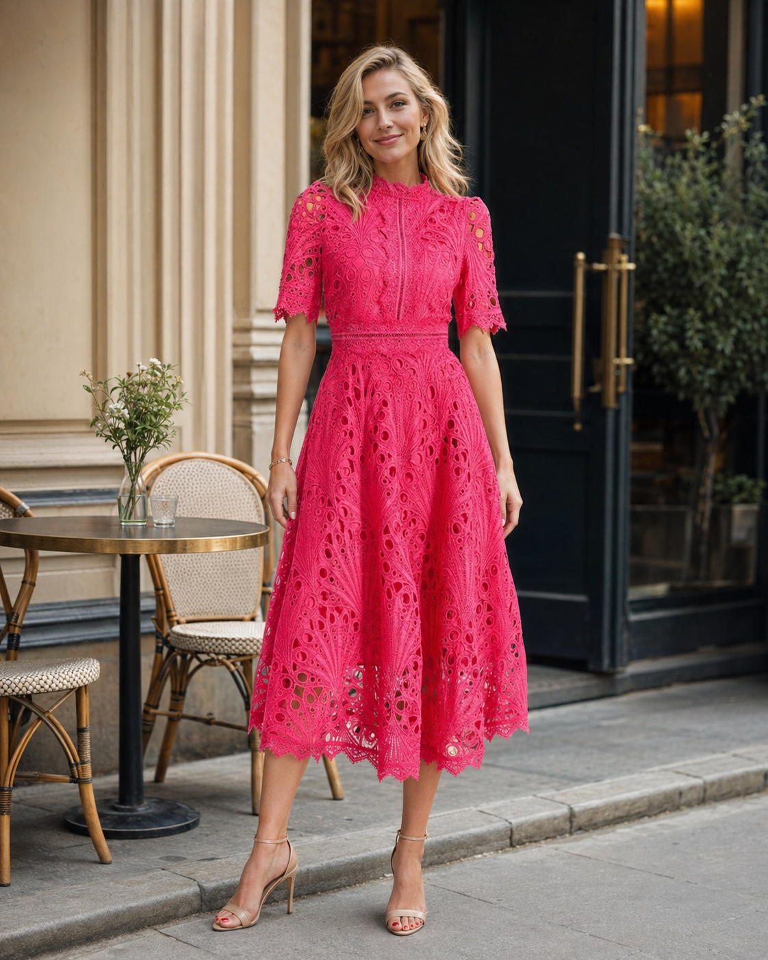 Giada Women's Lace Midi Dress – Short Sleeve Cut-Out Elegant Occasion Dress