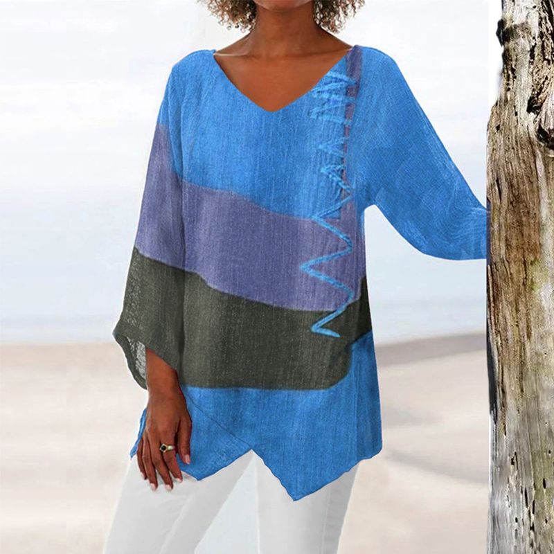 Solange Women's V-Neck Top – Color Block Lightweight Casual Chic Blouse