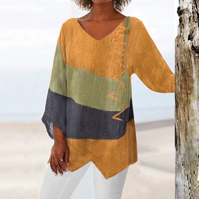 Solange Women's V-Neck Top – Color Block Lightweight Casual Chic Blouse