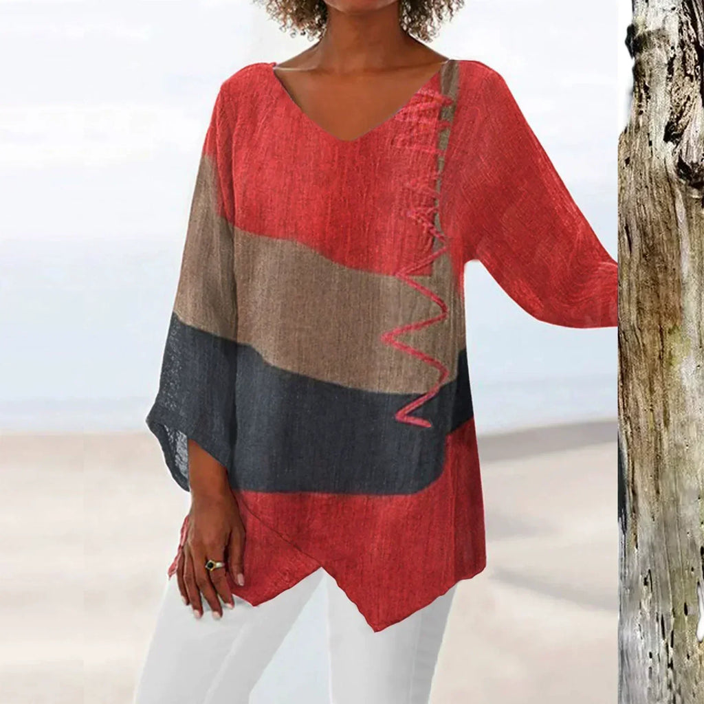 Solange Women's V-Neck Top – Color Block Lightweight Casual Chic Blouse