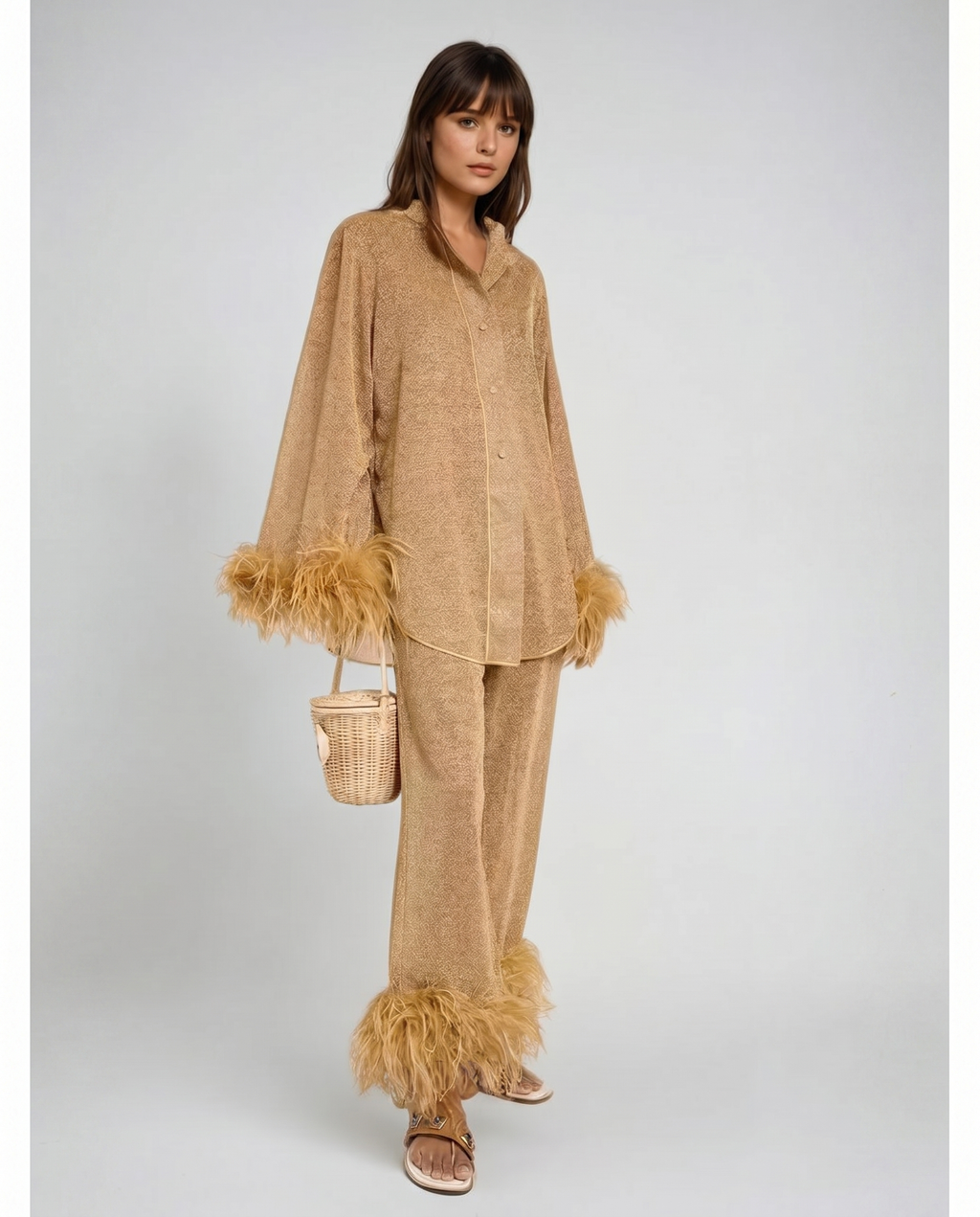 Laila Women's Two-Piece Set – Feather Collar Top and Wide Leg Pants