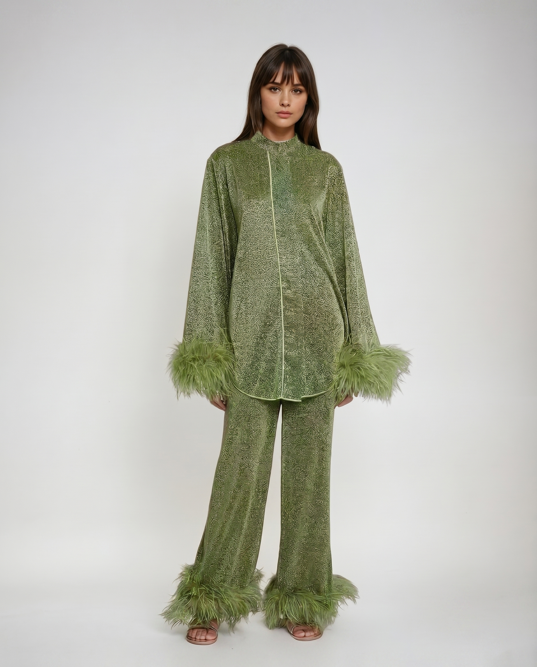 Laila Women's Two-Piece Set – Feather Collar Top and Wide Leg Pants