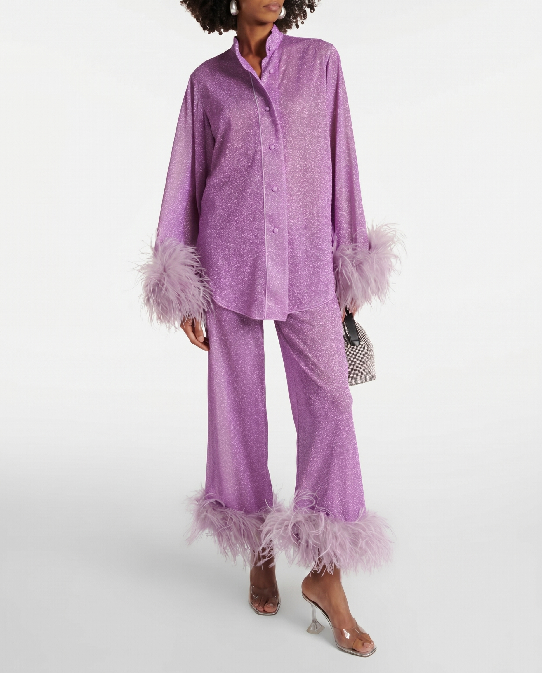 Laila Women's Two-Piece Set – Feather Collar Top and Wide Leg Pants