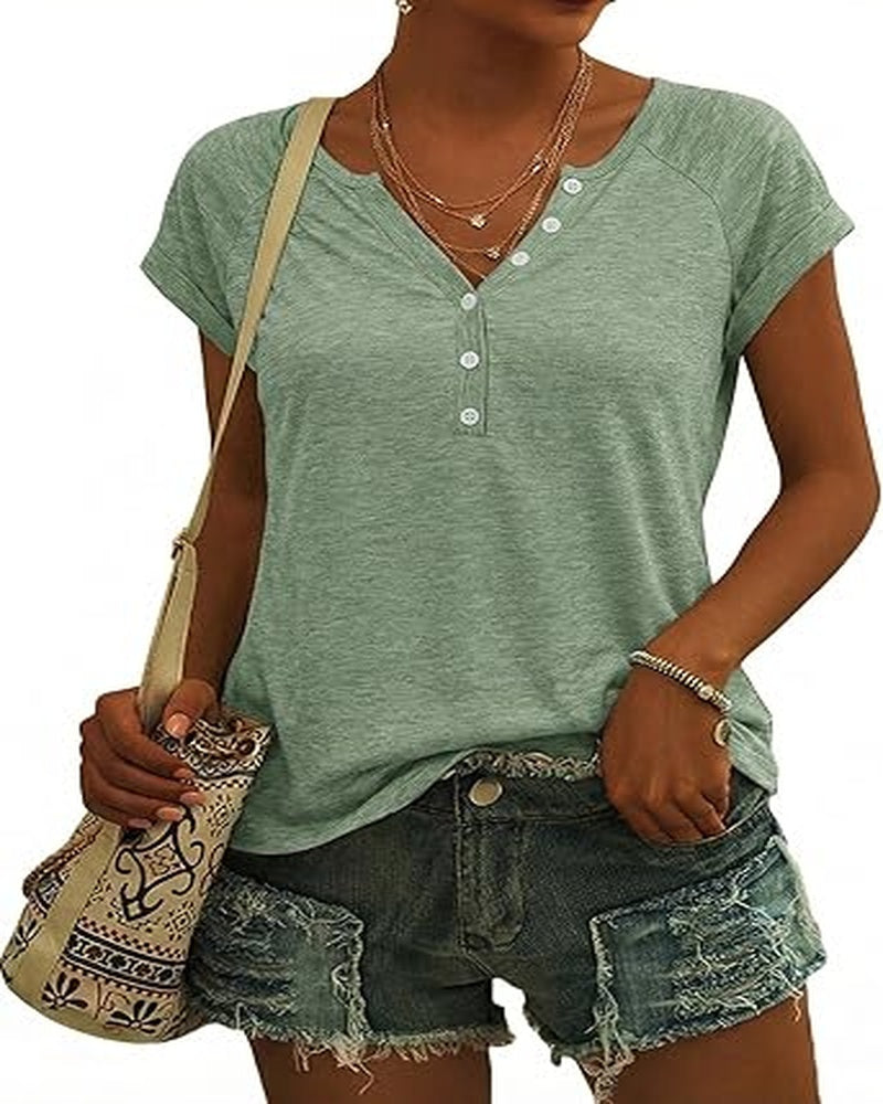 Emma Women's V-Neck Button Top – Short Sleeve Casual Summer Shirt for Everyday Wear