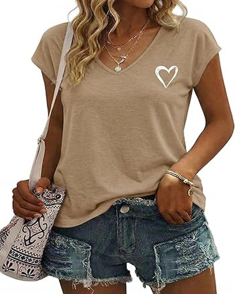 Chloe Women's Heart Print Top – V-Neck Elegant Short Sleeve Summer Blouse