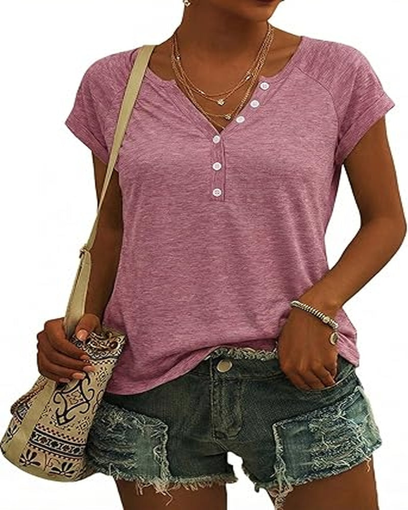 Emma Women's V-Neck Button Top – Short Sleeve Casual Summer Shirt for Everyday Wear