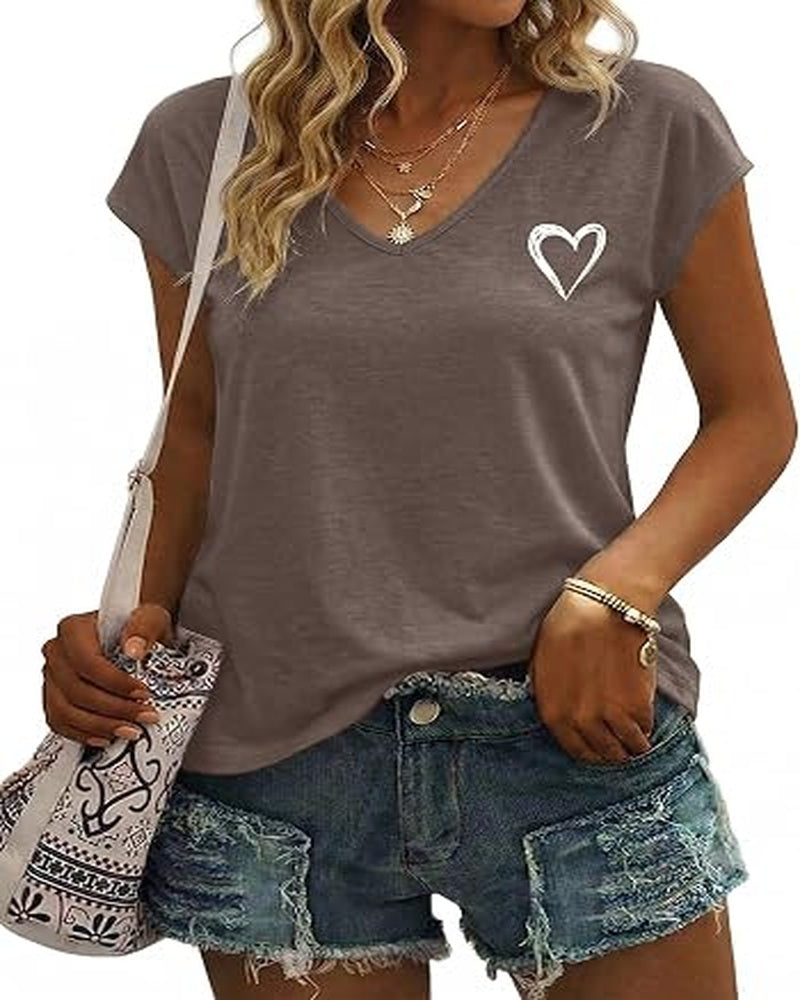Chloe Women's Heart Print Top – V-Neck Elegant Short Sleeve Summer Blouse