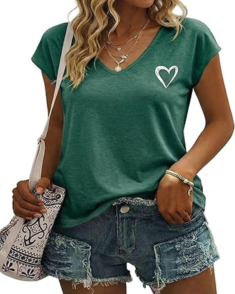 Chloe Women's Heart Print Top – V-Neck Elegant Short Sleeve Summer Blouse