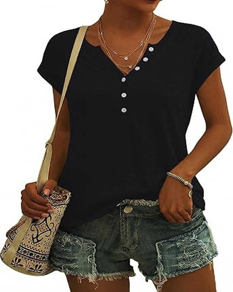 Emma Women's V-Neck Button Top – Short Sleeve Casual Summer Shirt for Everyday Wear