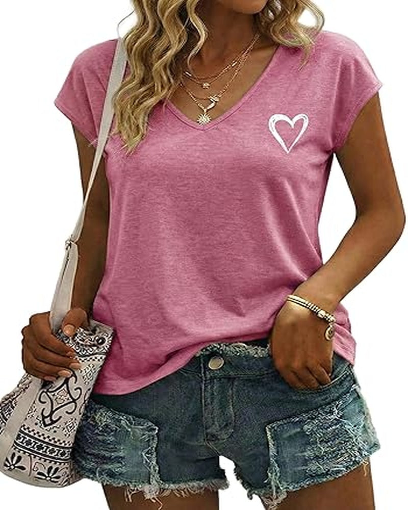Chloe Women's Heart Print Top – V-Neck Elegant Short Sleeve Summer Blouse
