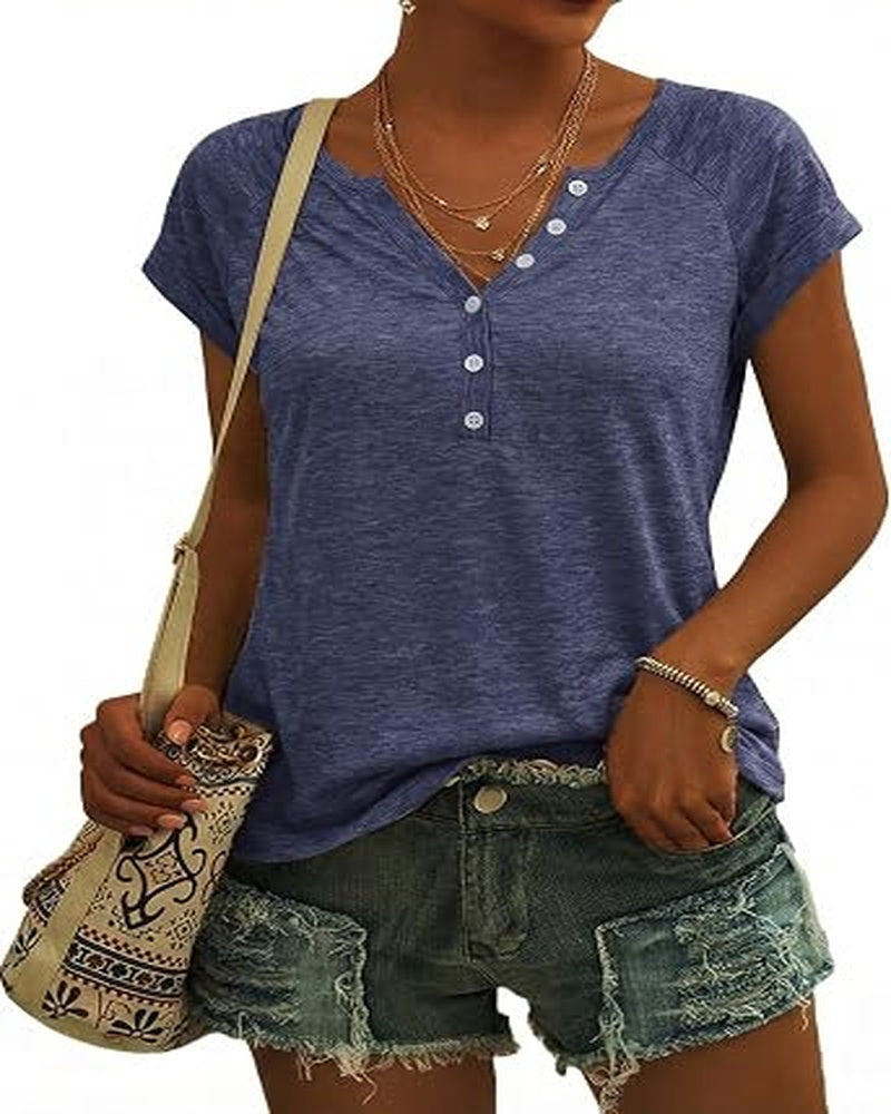 Emma Women's V-Neck Button Top – Short Sleeve Casual Summer Shirt for Everyday Wear