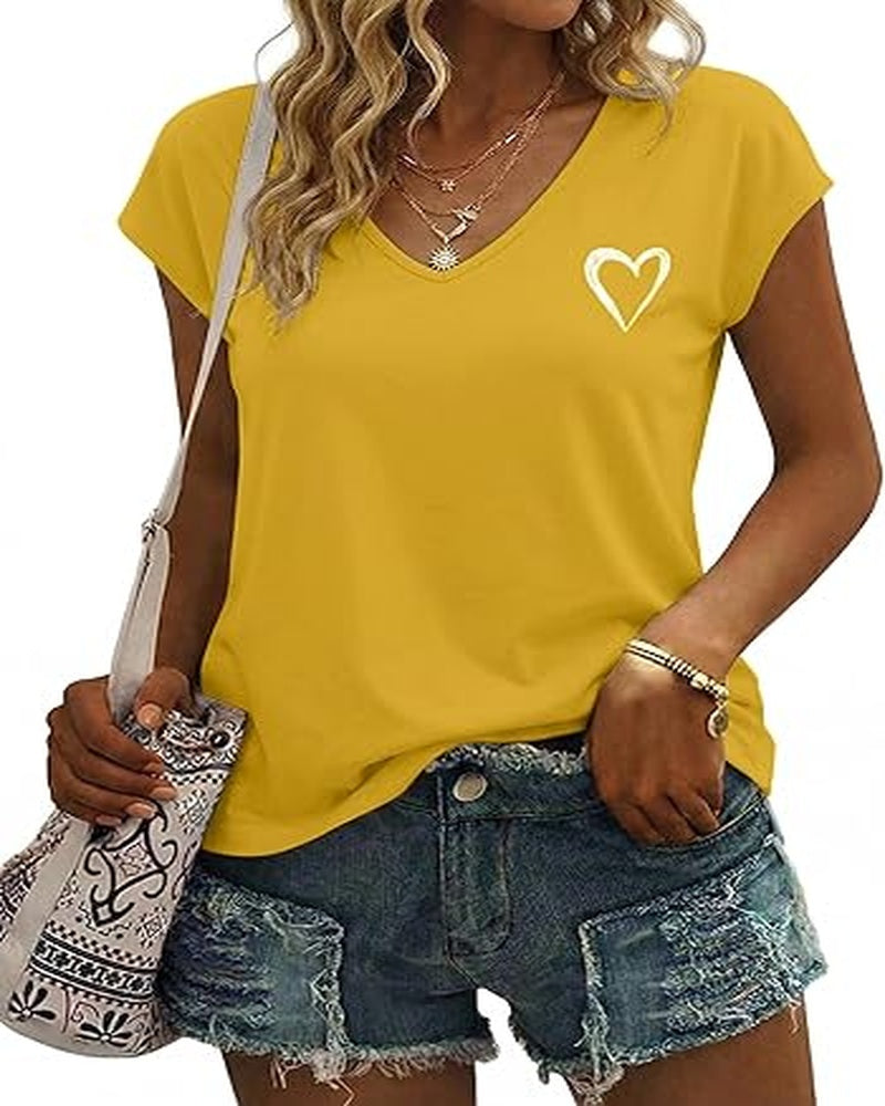 Chloe Women's Heart Print Top – V-Neck Elegant Short Sleeve Summer Blouse