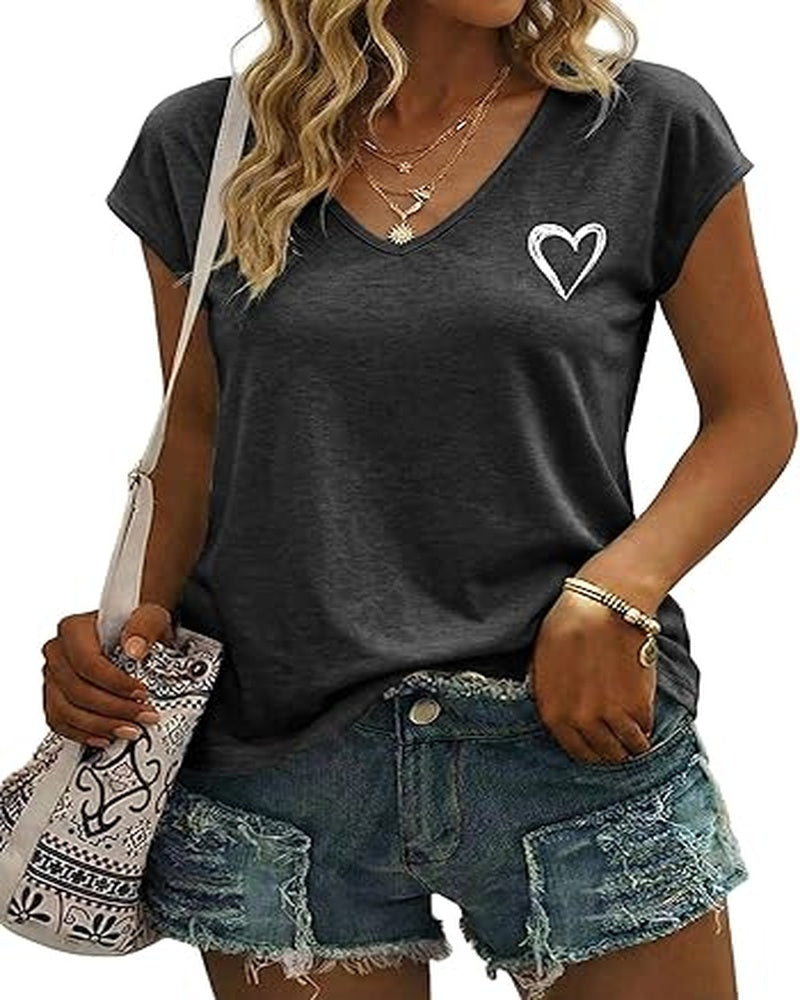 Chloe Women's Heart Print Top – V-Neck Elegant Short Sleeve Summer Blouse