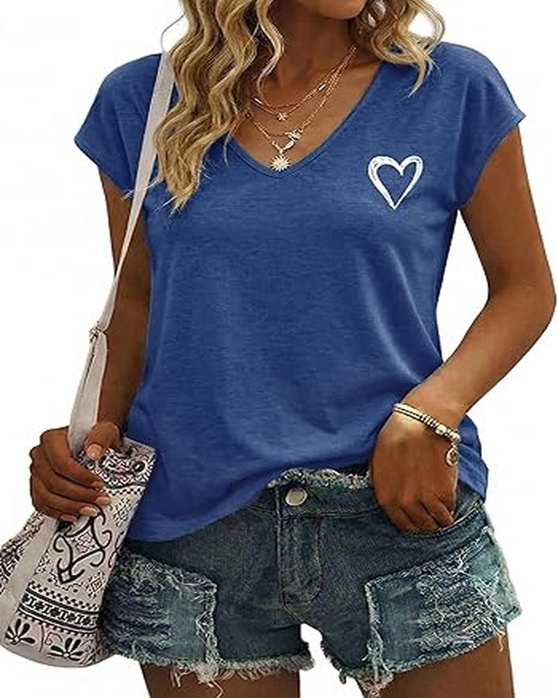 Chloe Women's Heart Print Top – V-Neck Elegant Short Sleeve Summer Blouse