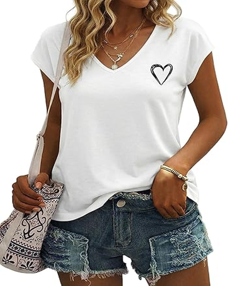 Chloe Women's Heart Print Top – V-Neck Elegant Short Sleeve Summer Blouse