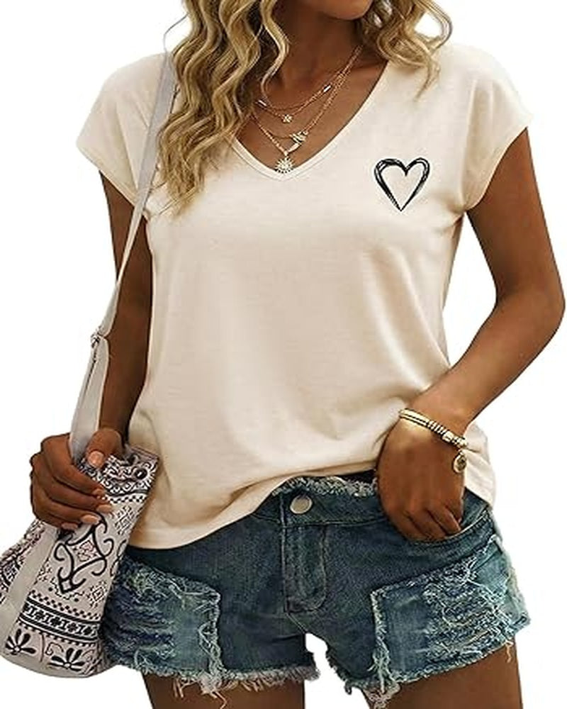 Chloe Women's Heart Print Top – V-Neck Elegant Short Sleeve Summer Blouse