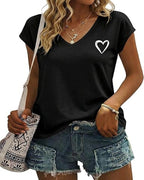 Chloe Women's Heart Print Top – V-Neck Elegant Short Sleeve Summer Blouse