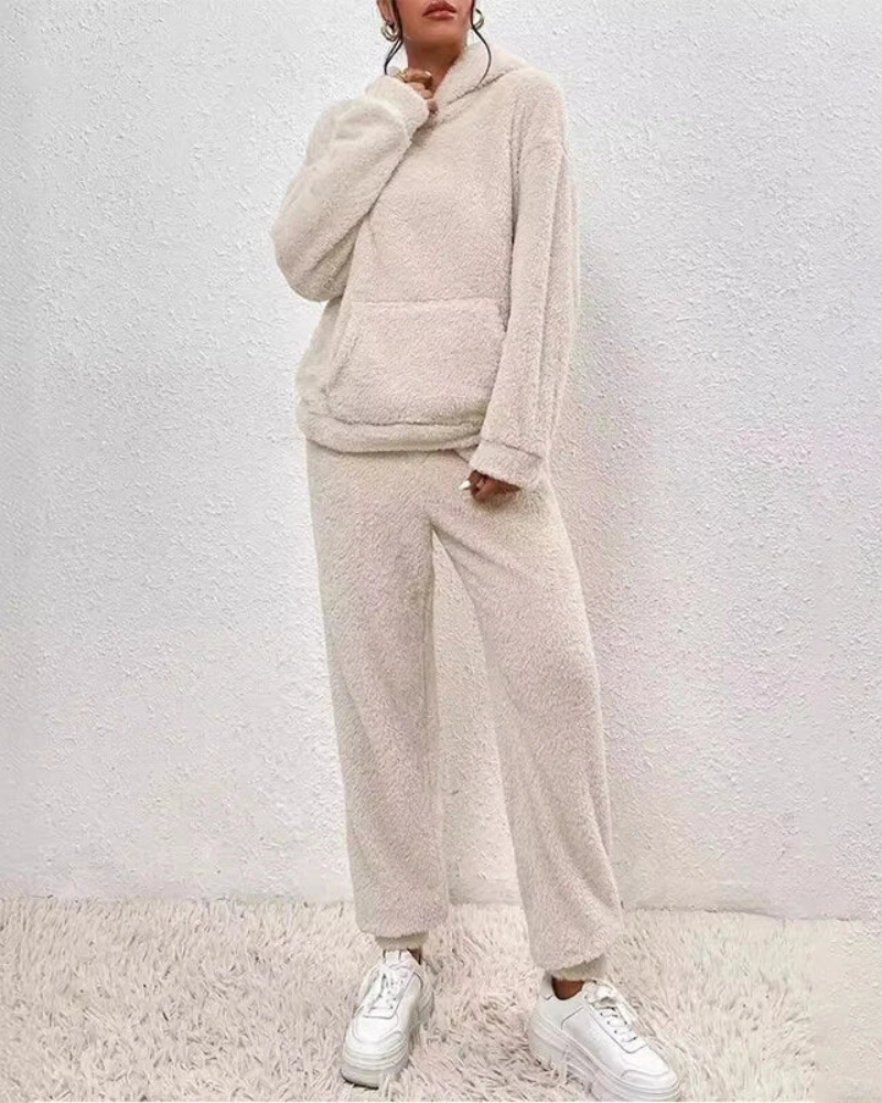 Sloane Women's Fleece Lounge Set – Hooded Winter Pajama Set with Wide Leg Pants