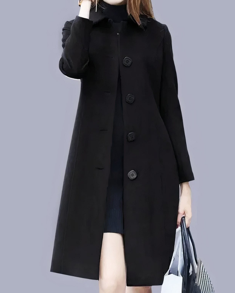 Analia Women's Long Button Coat – Classic Elegant Coat with Pockets for Office Wear