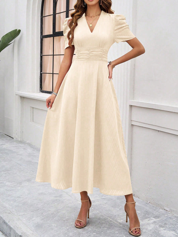 Clara Women’s Midi Dress – Elegant V-Neck A-Line Dress with Puff Sleeves