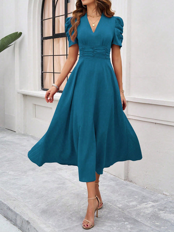 Clara Women’s Midi Dress – Elegant V-Neck A-Line Dress with Puff Sleeves