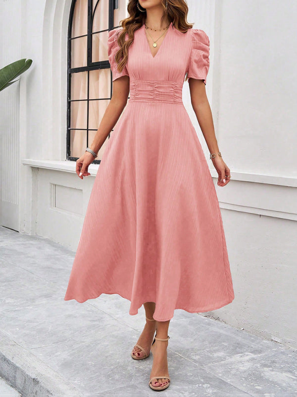 Clara Women’s Midi Dress – Elegant V-Neck A-Line Dress with Puff Sleeves