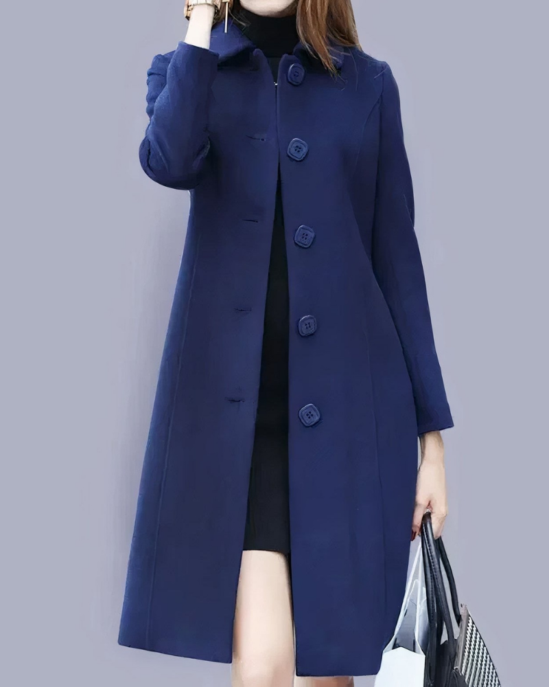 Analia Women's Long Button Coat – Classic Elegant Coat with Pockets for Office Wear