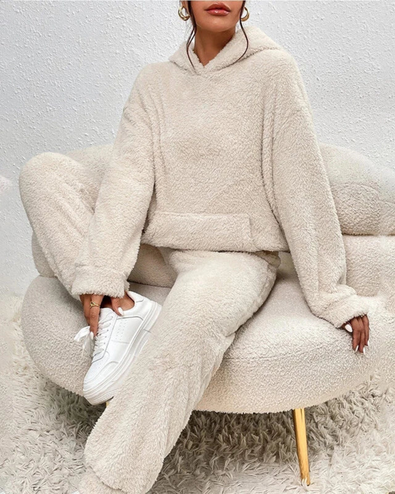 Sloane Women's Fleece Lounge Set – Hooded Winter Pajama Set with Wide Leg Pants