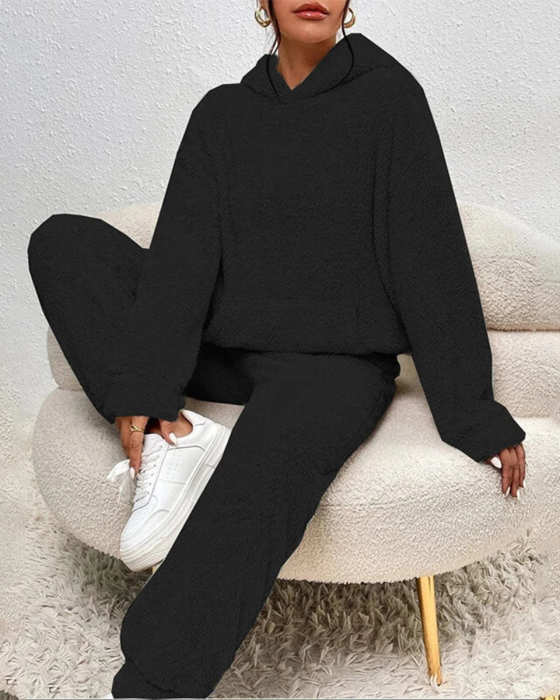 Sloane Women's Fleece Lounge Set – Hooded Winter Pajama Set with Wide Leg Pants