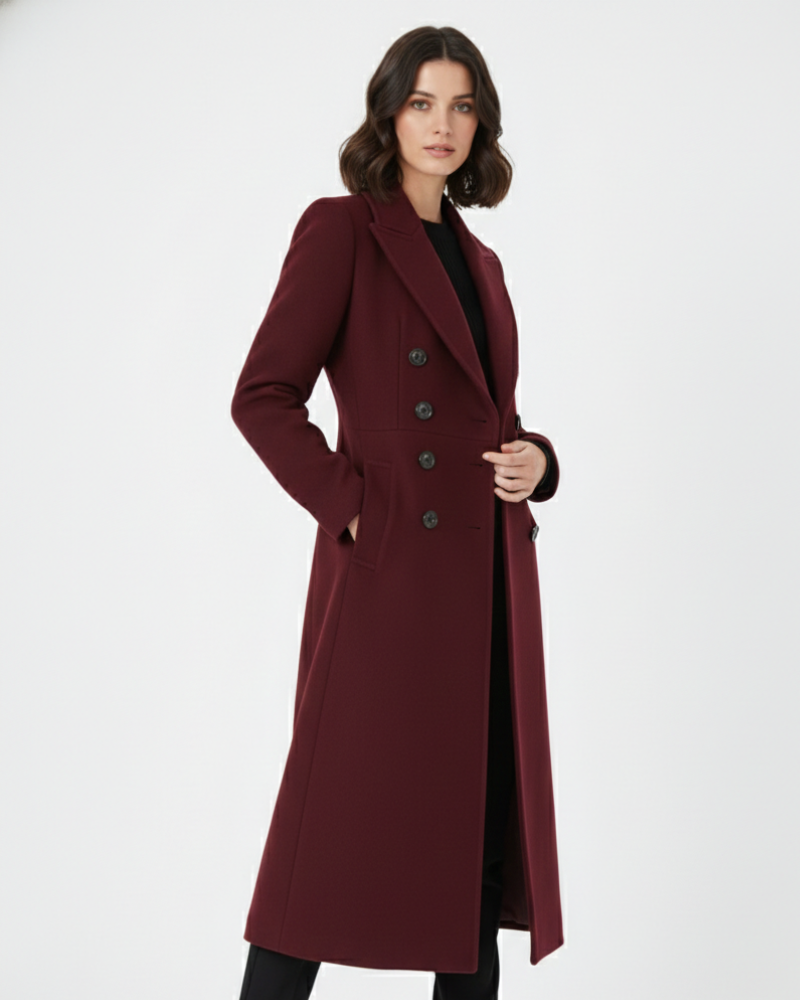 Vian Women's Long Wool Blend Coat – Burgundy Double-Breasted Winter Coat