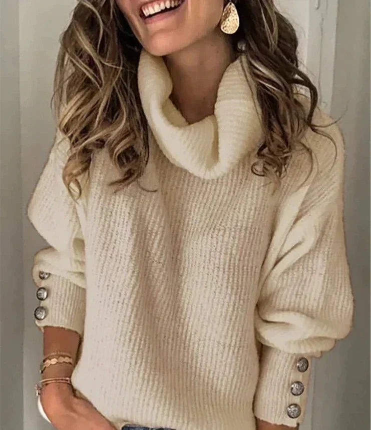 Emma Women's Turtleneck Sweater – Button Sleeve Warm Winter Knit Pullover