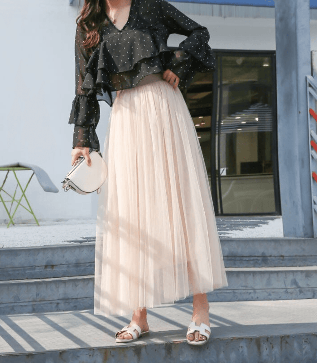 Shandria Women’s Tulle Midi Skirt – High Waist Layered Mesh Skirt with Elastic Waistband