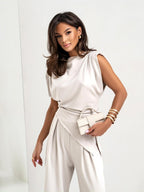 Vivine Women's Two-Piece Set – Draped Top Wide Leg Pants Elegant Outfit