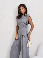 Vivine Women's Two-Piece Set – Draped Top Wide Leg Pants Elegant Outfit