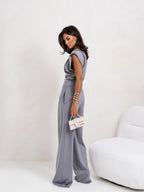 Vivine Women's Two-Piece Set – Draped Top Wide Leg Pants Elegant Outfit