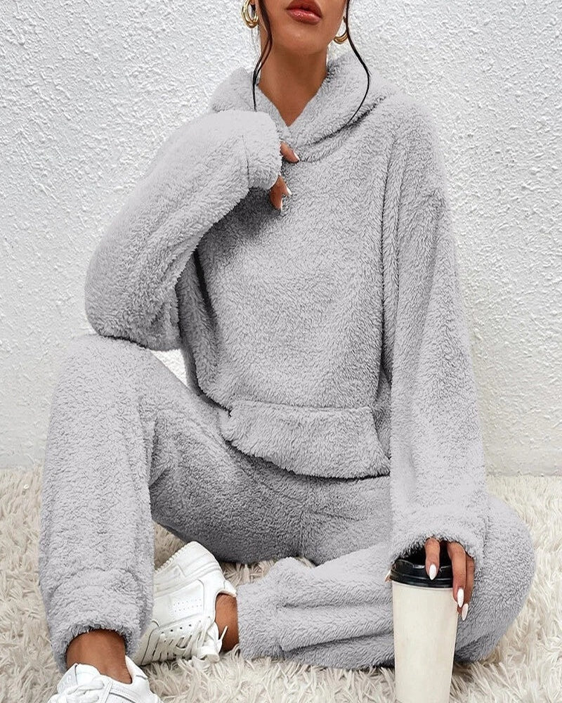 Sloane Women's Fleece Lounge Set – Hooded Winter Pajama Set with Wide Leg Pants