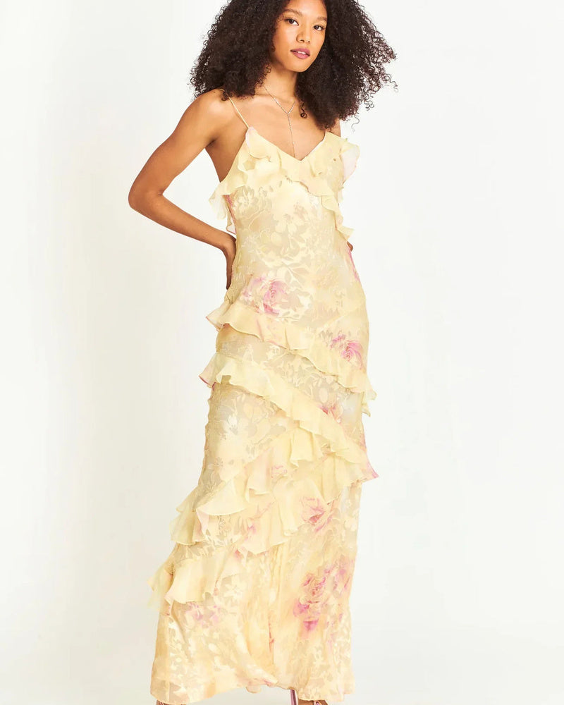 Estella Women's Ruffle Maxi Dress – Open Back Flowing Dress for Summer Events