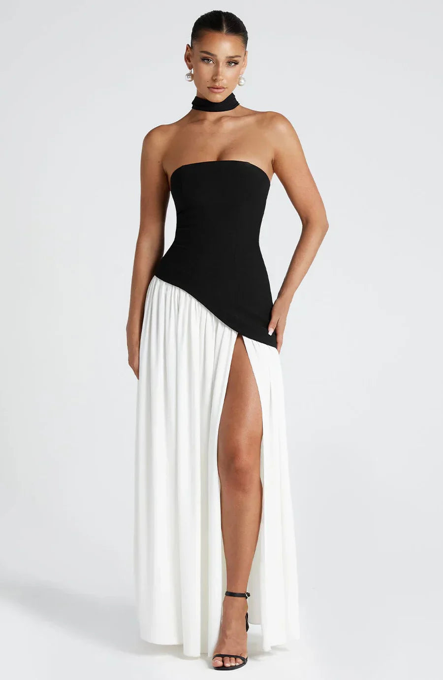 Victoria Women’s Evening Dress – Strapless Maxi Gown with High Slit & Two-Tone Design