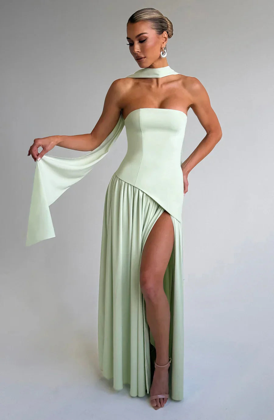 Victoria Women’s Evening Dress – Strapless Maxi Gown with High Slit & Two-Tone Design