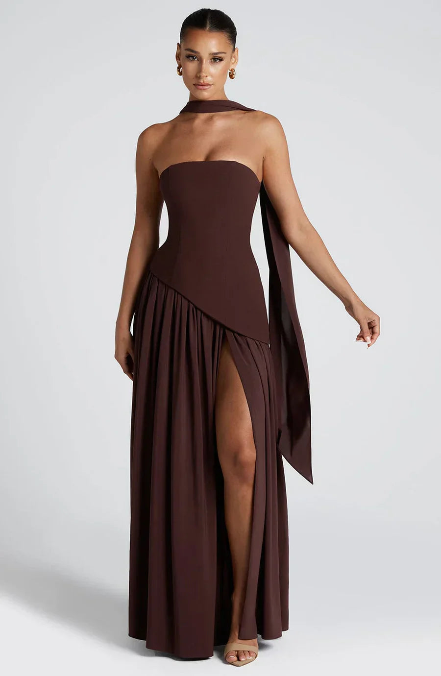 Victoria Women’s Evening Dress – Strapless Maxi Gown with High Slit & Two-Tone Design