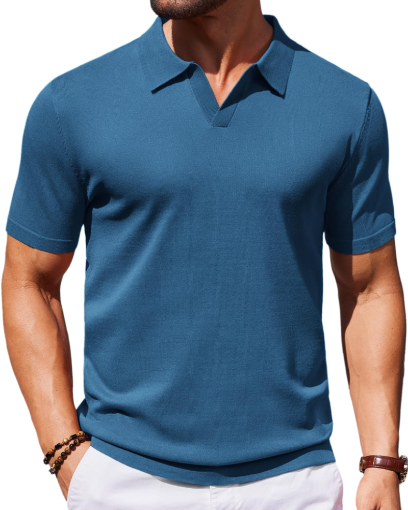 Ethan Men's Knit Polo Shirt – Ice Silk V-Neck Slim Fit Polo for Work and Travel