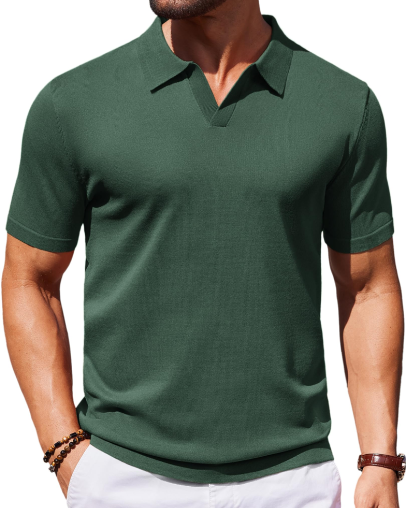 Ethan Men's Knit Polo Shirt – Ice Silk V-Neck Slim Fit Polo for Work and Travel