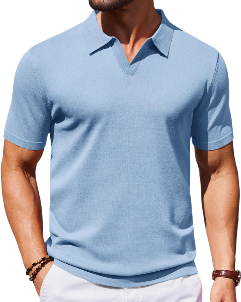 Ethan Men's Knit Polo Shirt – Ice Silk V-Neck Slim Fit Polo for Work and Travel