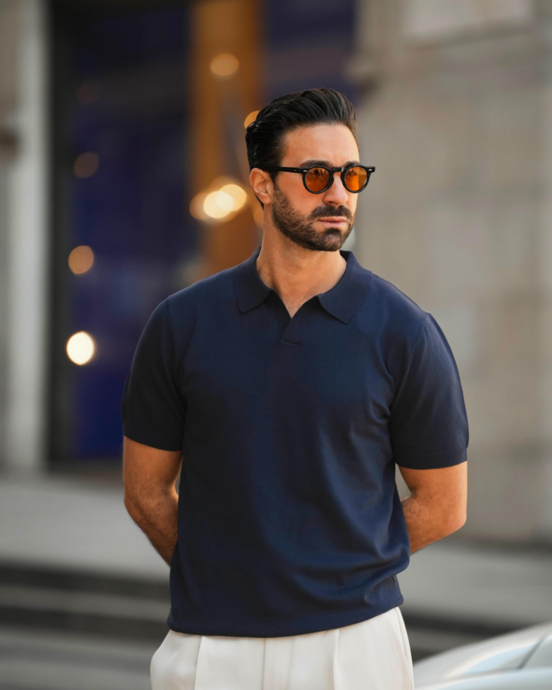 Ethan Men's Knit Polo Shirt – Ice Silk V-Neck Slim Fit Polo for Work and Travel