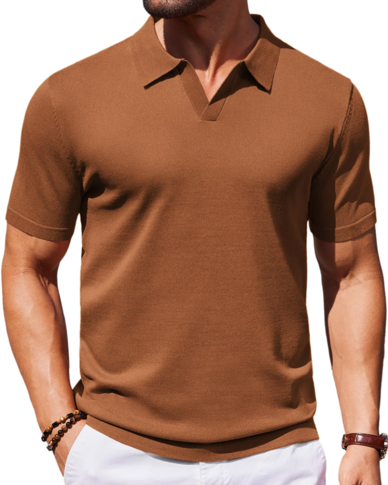 Ethan Men's Knit Polo Shirt – Ice Silk V-Neck Slim Fit Polo for Work and Travel