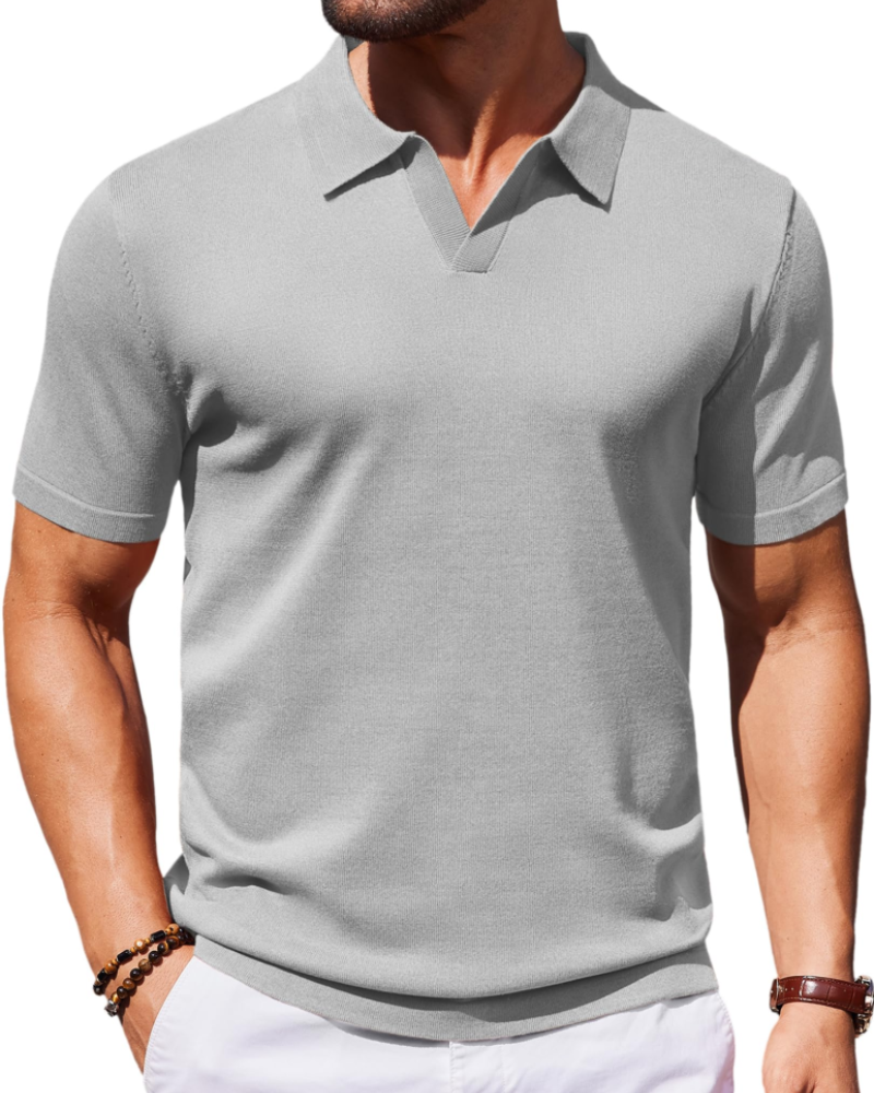 Ethan Men's Knit Polo Shirt – Ice Silk V-Neck Slim Fit Polo for Work and Travel