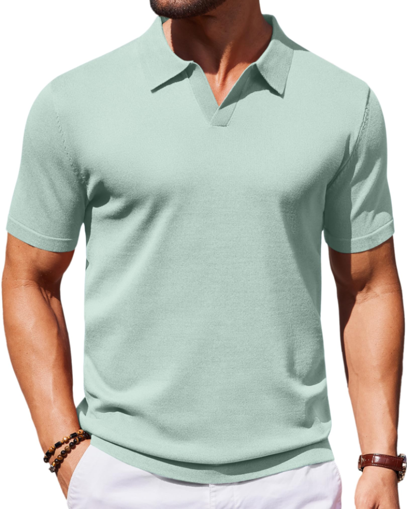 Ethan Men's Knit Polo Shirt – Ice Silk V-Neck Slim Fit Polo for Work and Travel
