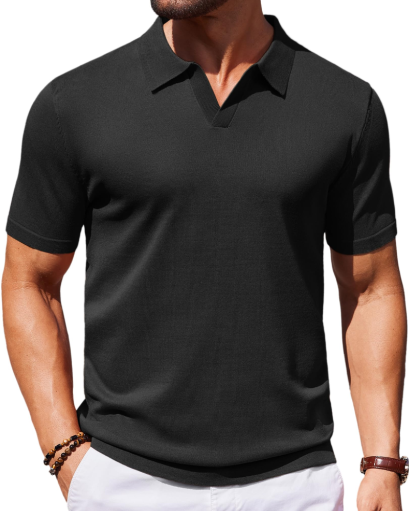 Ethan Men's Knit Polo Shirt – Ice Silk V-Neck Slim Fit Polo for Work and Travel
