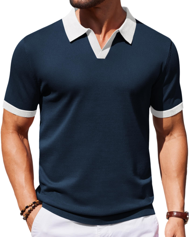 Ethan Men's Knit Polo Shirt – Ice Silk V-Neck Slim Fit Polo for Work and Travel